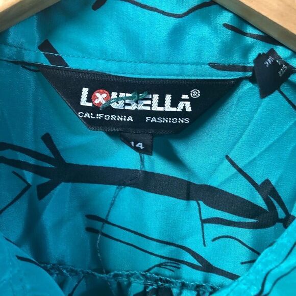 Loubella Size 14 Green and Black 80s Button Down Stick Figure Blouse Shoulder Pa - Picture 6 of 7